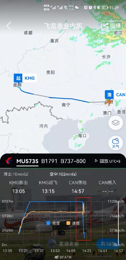 另外,飞常准显示,东方航空mu5735,由昆明飞往广州,目前飞机处于失联