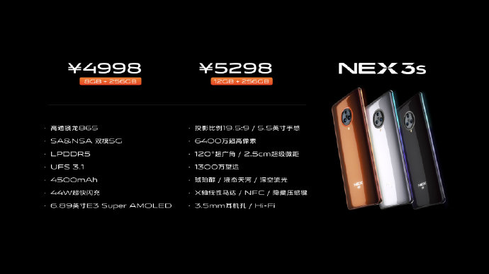 vivo NEX 3S发布，售价4998元起