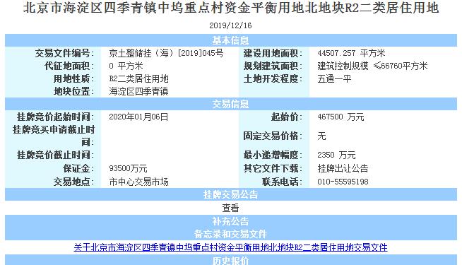 北京海淀133.61亿元挂牌3宗地块 四季青两地块楼面价均为7万元/平