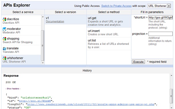 Google API Explorer screenshot