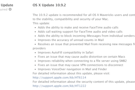 苹果发布OS X Mavericks 10.9.2更新，新增FaceTime音频功能