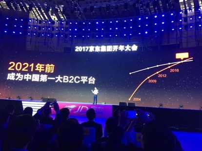 刘强东牵手“奶茶”出席京东年会，演讲称4年后做到B2C全国第一