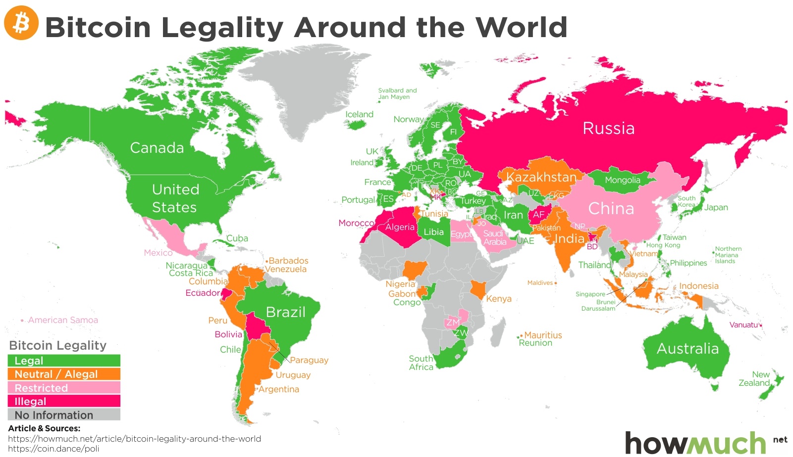 全球政策 | 一张图：比特币在全球的法律地位