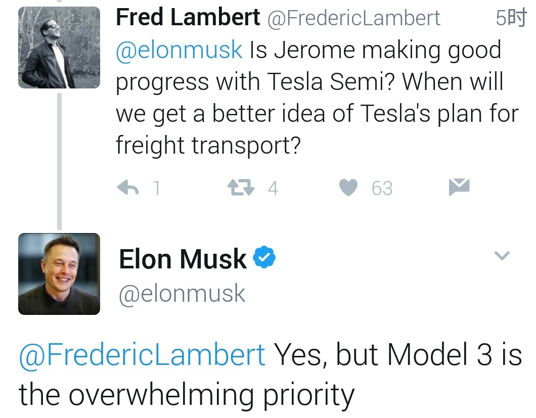 特斯拉又在孵化重型电动卡车项目Tesla Semi，但近期仍会以Model 3为重