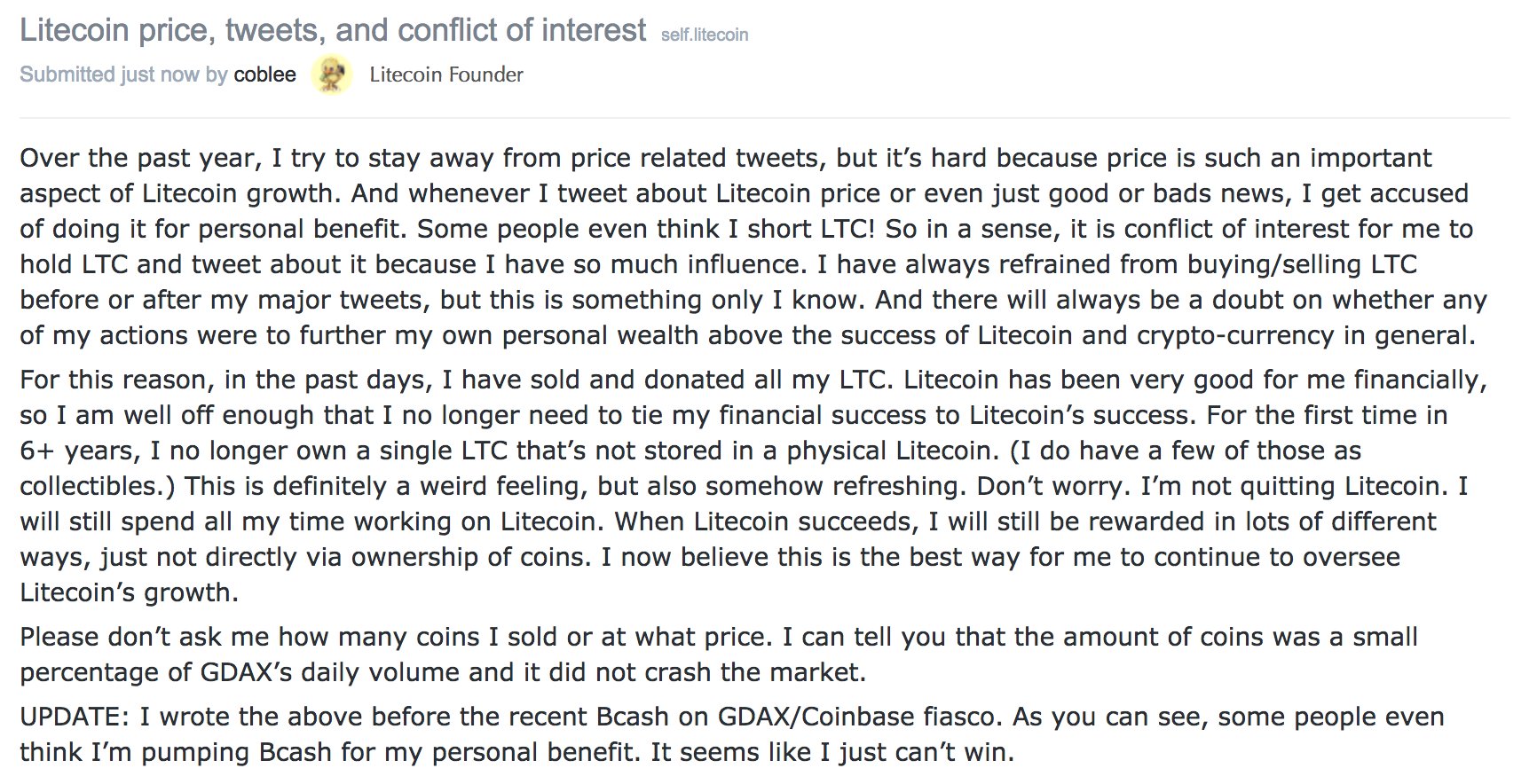 莱特币创始人：已卖出及捐赠了所有持有的莱特币，但并非退出-36氪