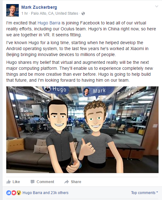 原小米副总裁Hugo Barra加入Facebook VR团队