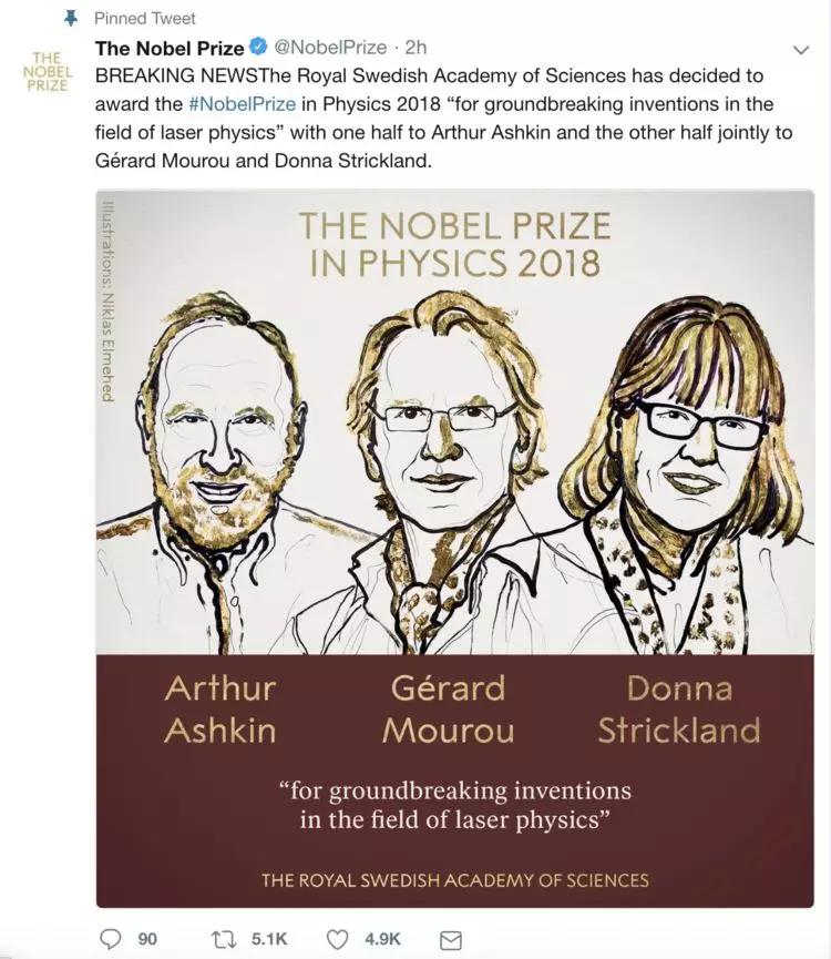 时隔半世纪女性物理学家终获诺贝尔奖，美加法科学家「彻底改变激光物理学」