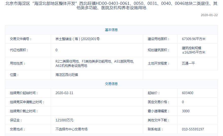 北京海淀区西北旺镇60.34亿元挂牌一宗居住用地