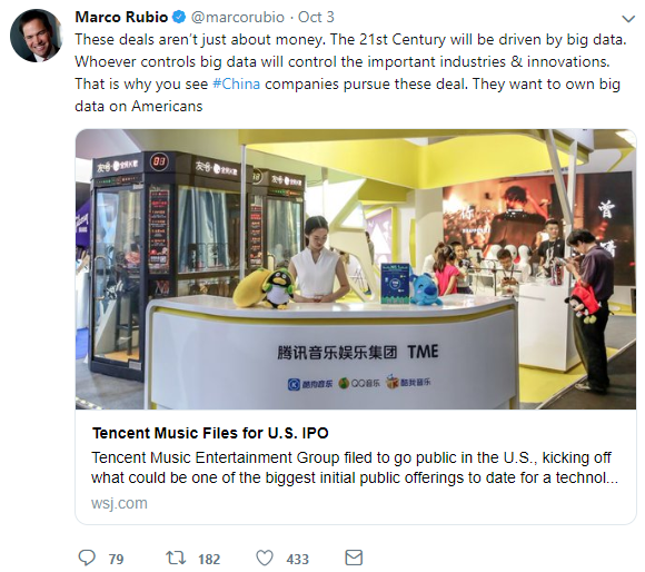腾讯音乐IPO推迟，遭美著名议员猛怼，美新音乐法案签署，商业模式或遭打击
