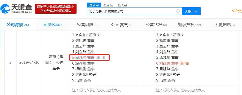 周鸿祎退出齐向东名下公司奇安信