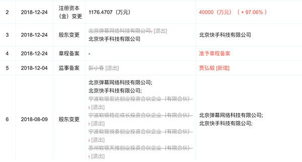 A站工商变更：运营主体成快手全资子公司，注册资本升至4亿元