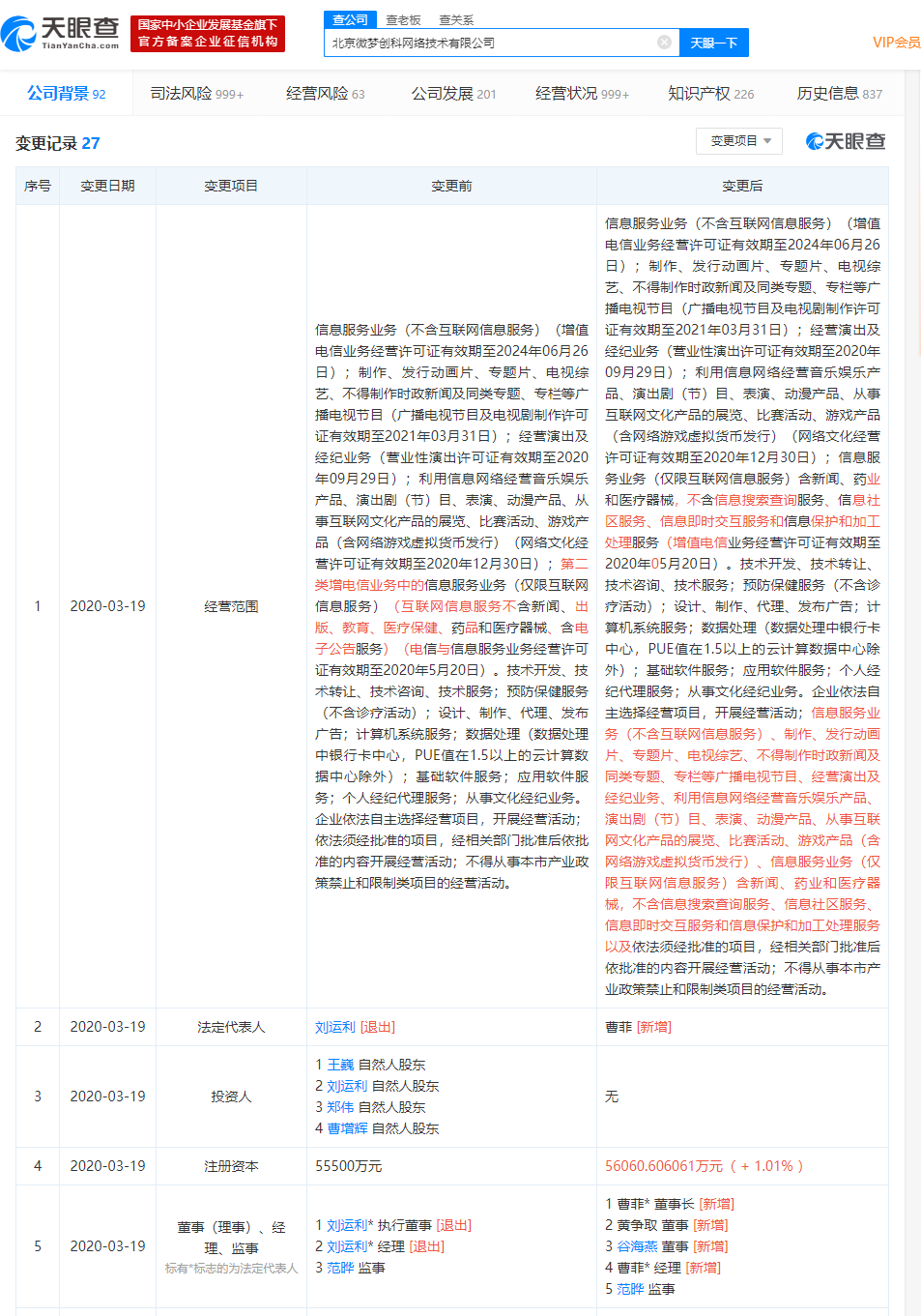 微博发生工商变更，刘运利退出法定代表人