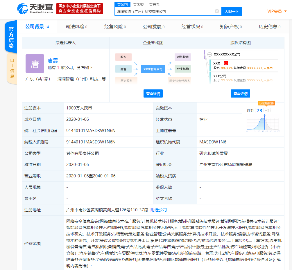 滴滴成立新公司，经营范围含二手车经纪、销售等