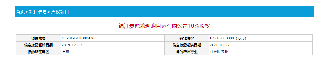 麦德龙中国挂牌出售10%股权，底价8.72亿元