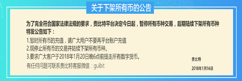 贵比特公告：暂停所有币充值交易 陆续下架所有币种