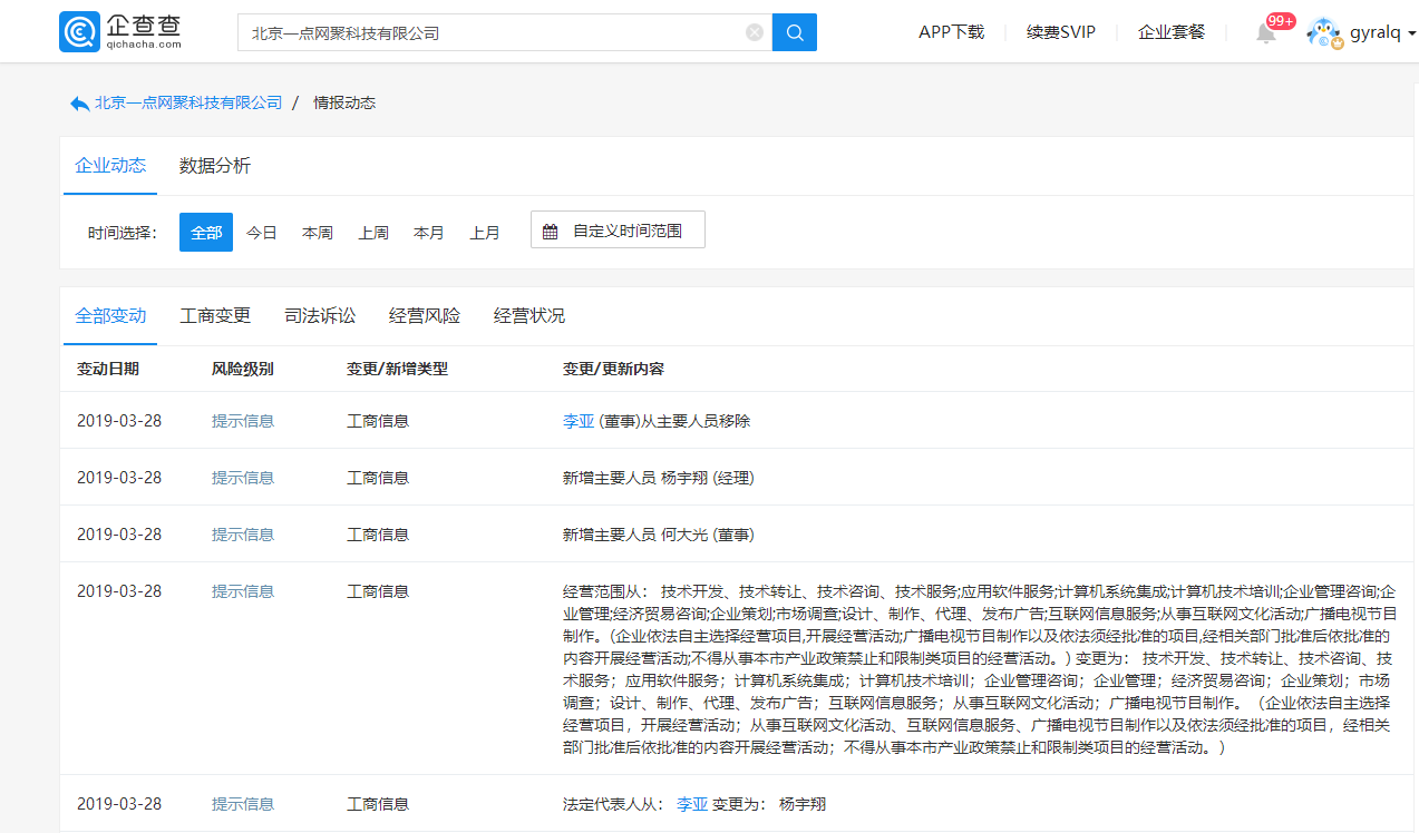 李亚卸任一点资讯法定代表人，杨宇翔接任