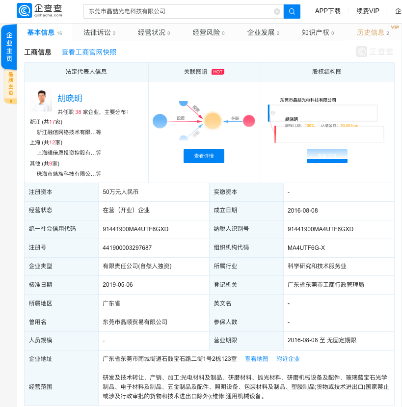 蚂蚁金服总裁胡晓明投资光电科技公司，出任法定代表人