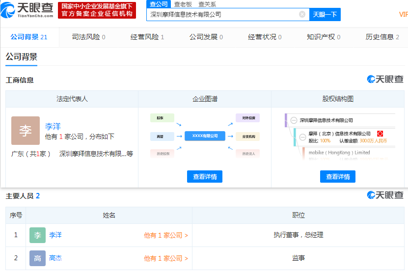 胡玮炜卸任深圳摩拜信息技术有限公司法定代表人