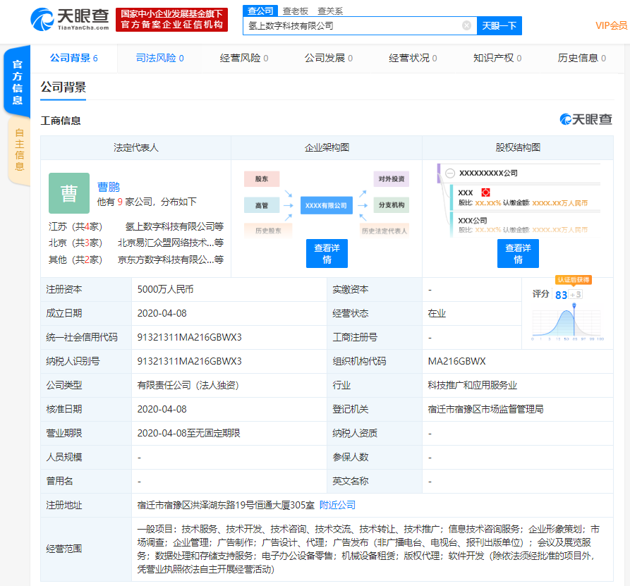 京东数科成立氢上数字科技有限公司，注册资本5000万元