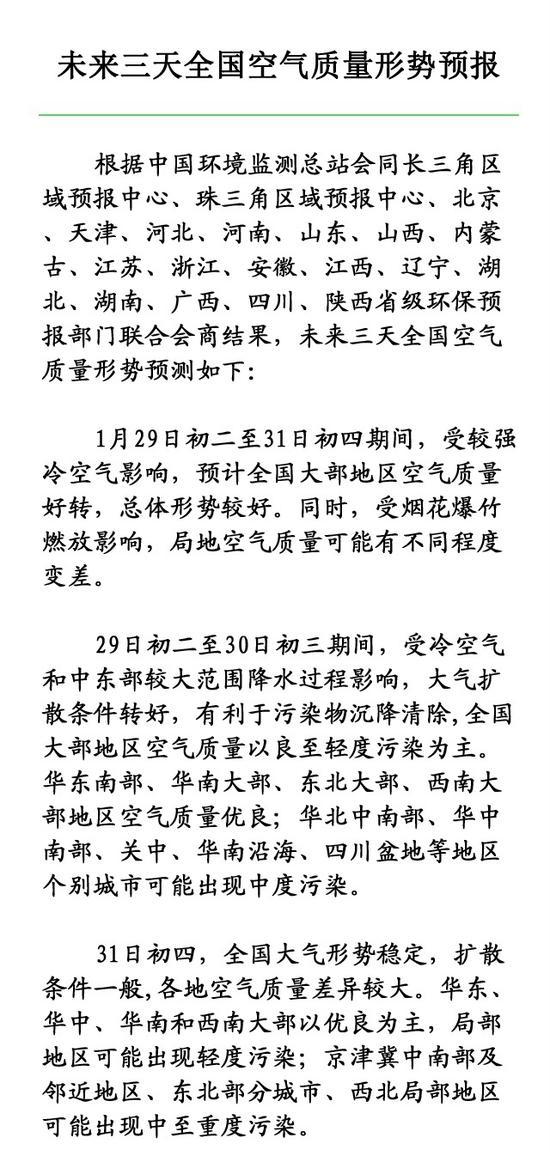 环保部：正月初二到初四全国大部地区空气质量好转