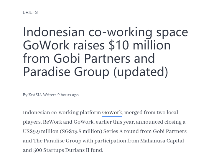 印尼联合办公空间 GoWork 完成1380万美元A轮融资