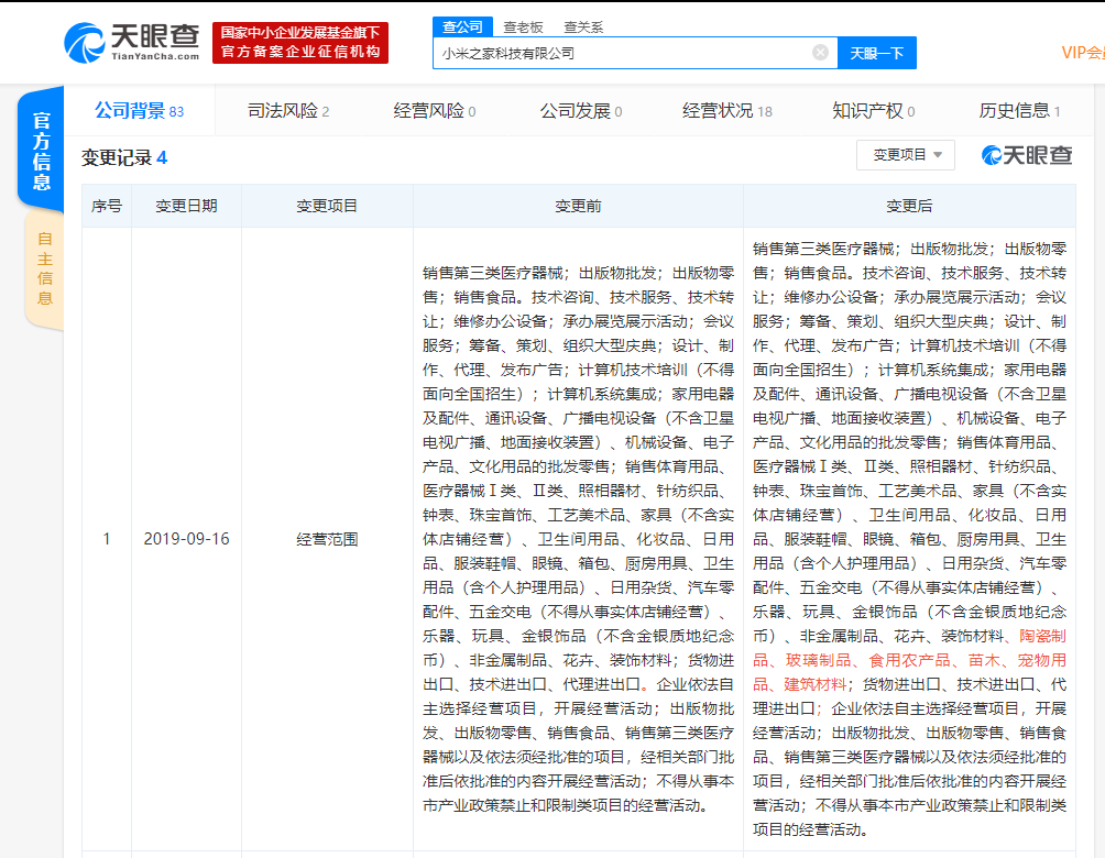 小米之家经营范围变更，新增宠物用品等