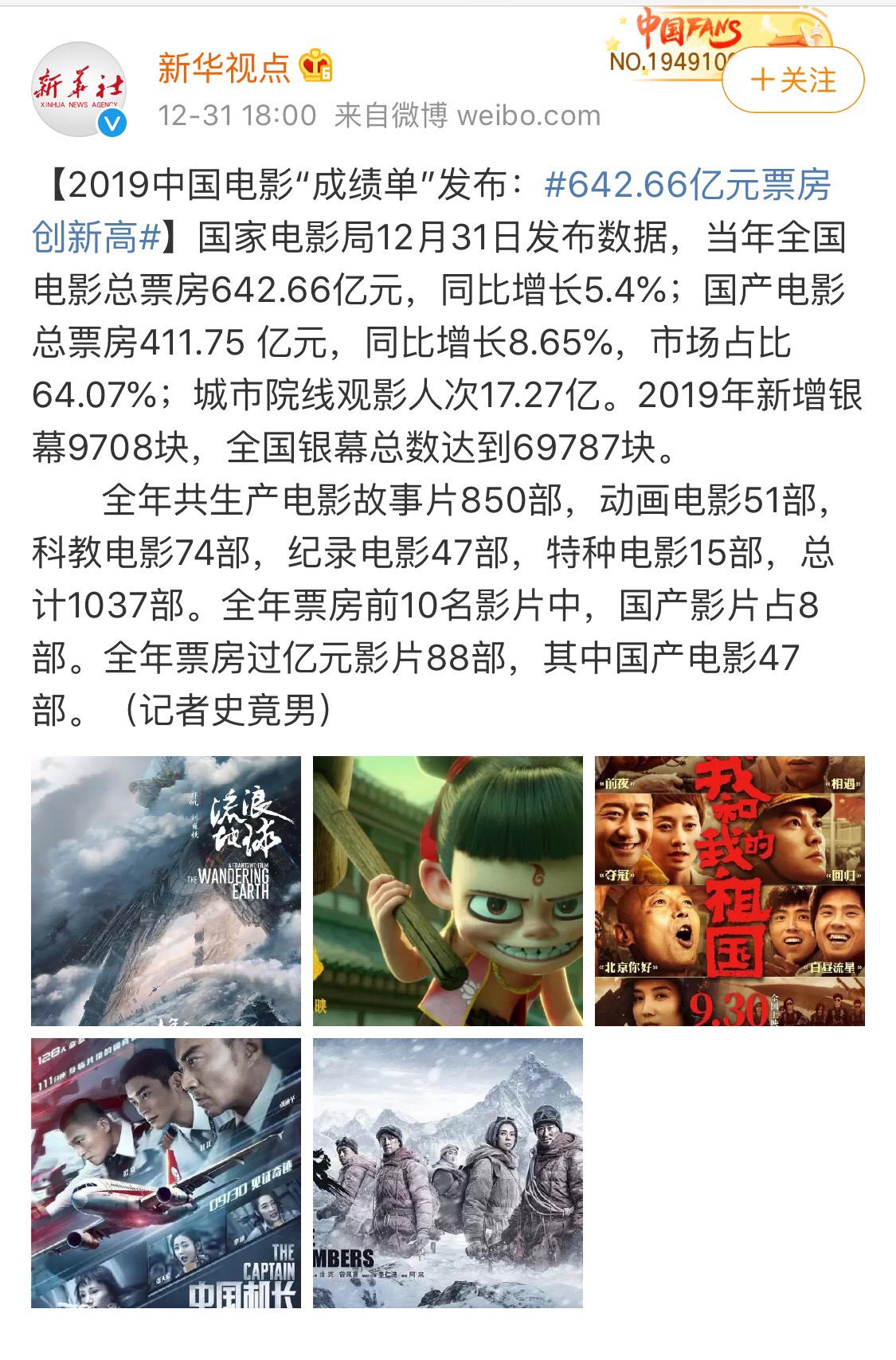 2019中国电影“成绩单”发布：642.66亿元票房创新高