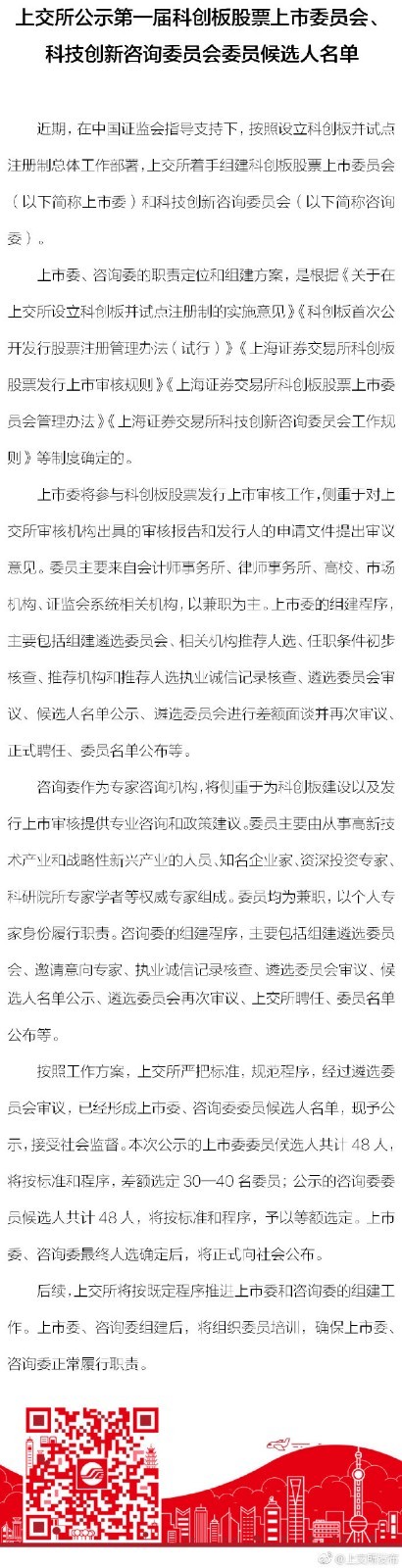 上交所公示第一届科创板股票上市委员会候选人名单