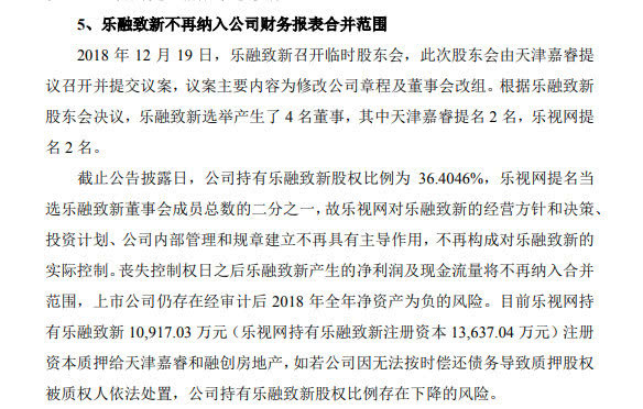 乐视网：不再将原控股子公司乐融致新纳入公司财务报表合并范围