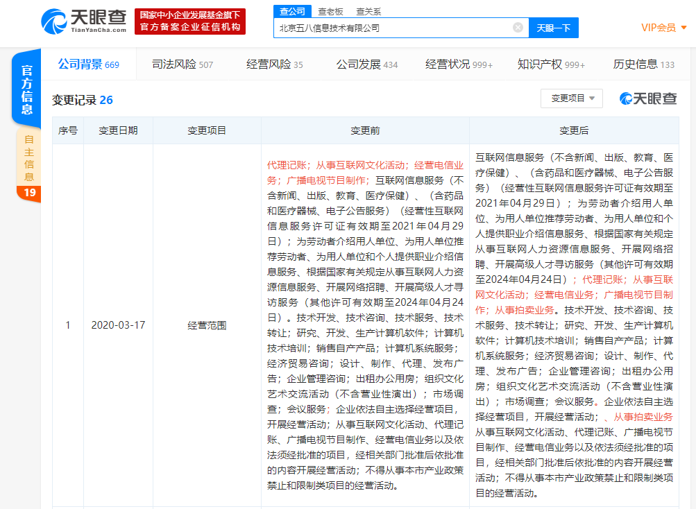 58同城发生经营范围变更，新增“从事拍卖业务”