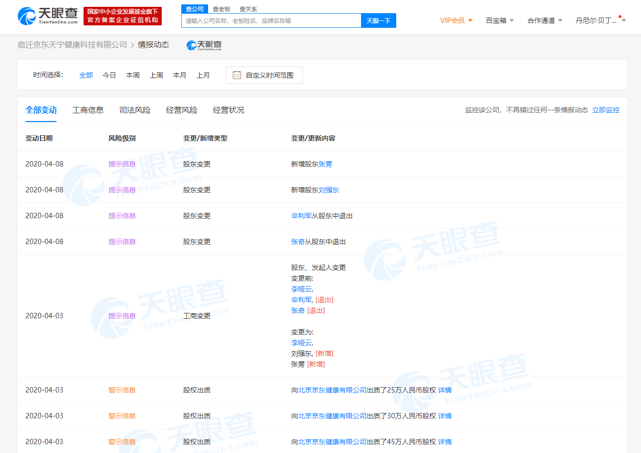 宿迁京东天宁健康科技有限公司工商变更，新增刘强东、张雱为股东