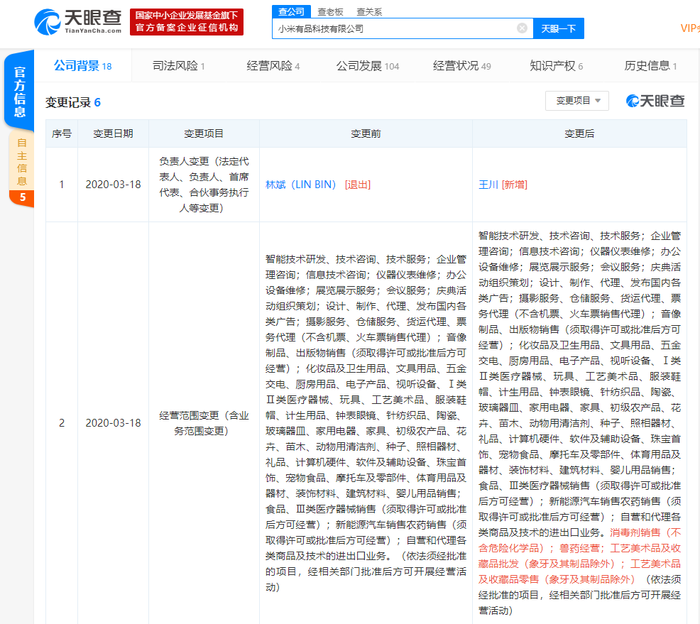 林斌卸任小米有品法定代表人，王川接任
