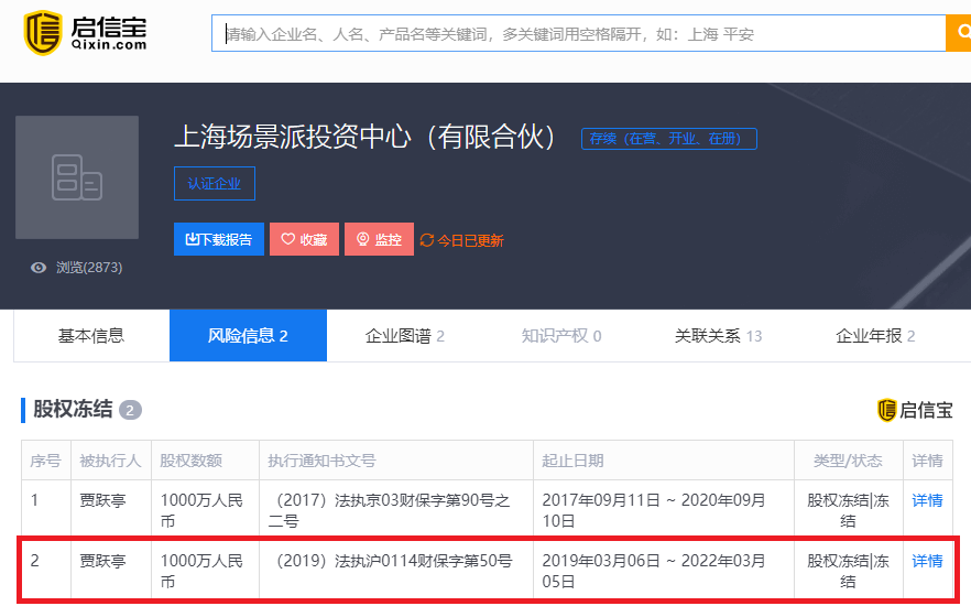贾跃亭持有的上海场景派投资中心股权被冻结