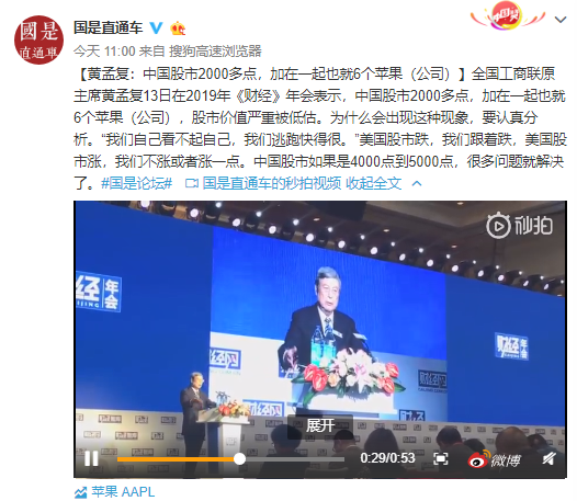 黄孟复：中国股市2000多点，加在一起也就6个苹果公司
