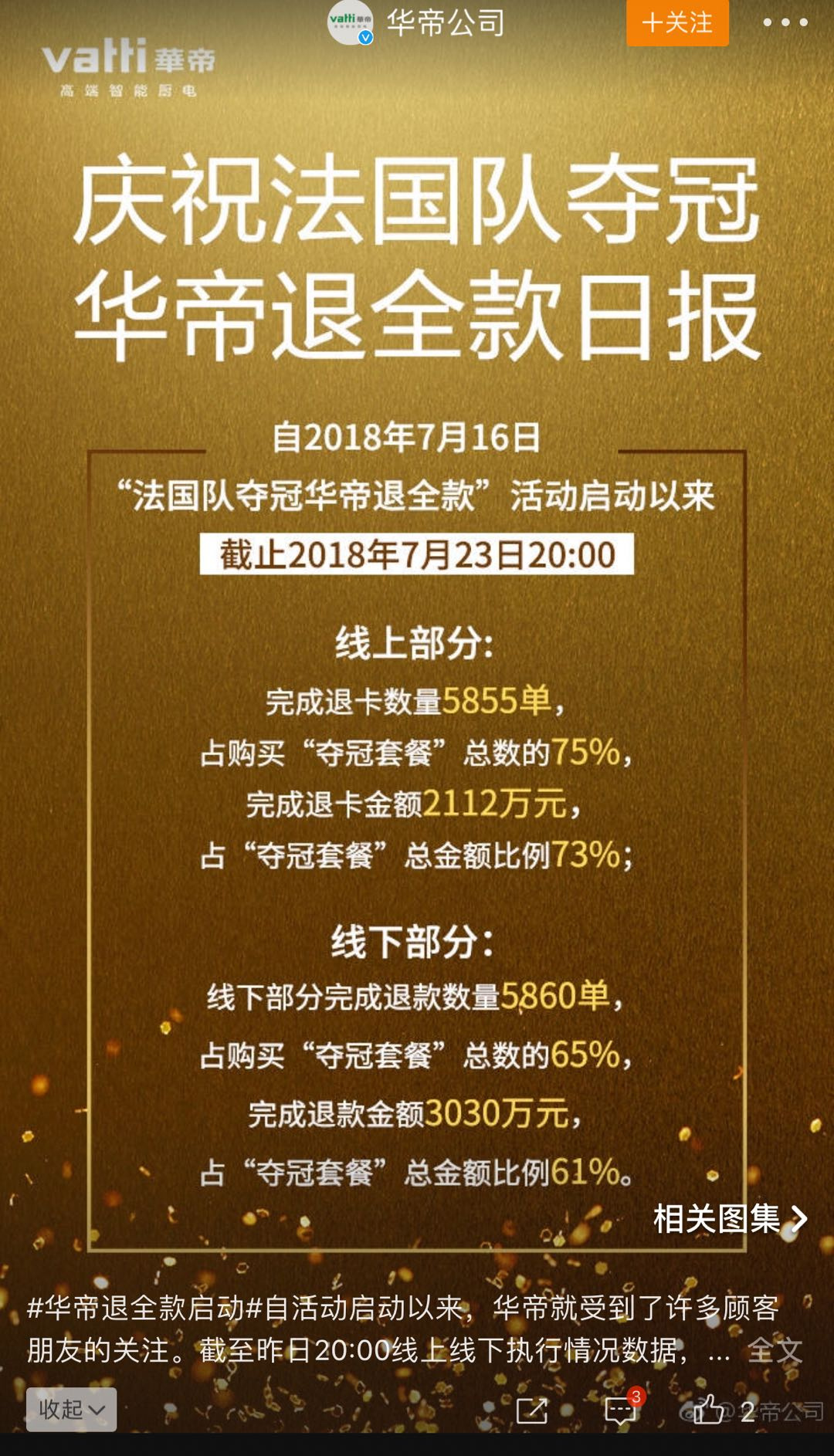 华帝公司：“夺冠退全款”线下已退款3030万元