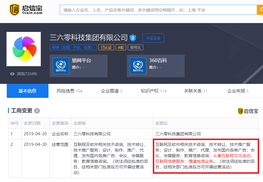 360发生多项工商变更，新增“增值电信业务”