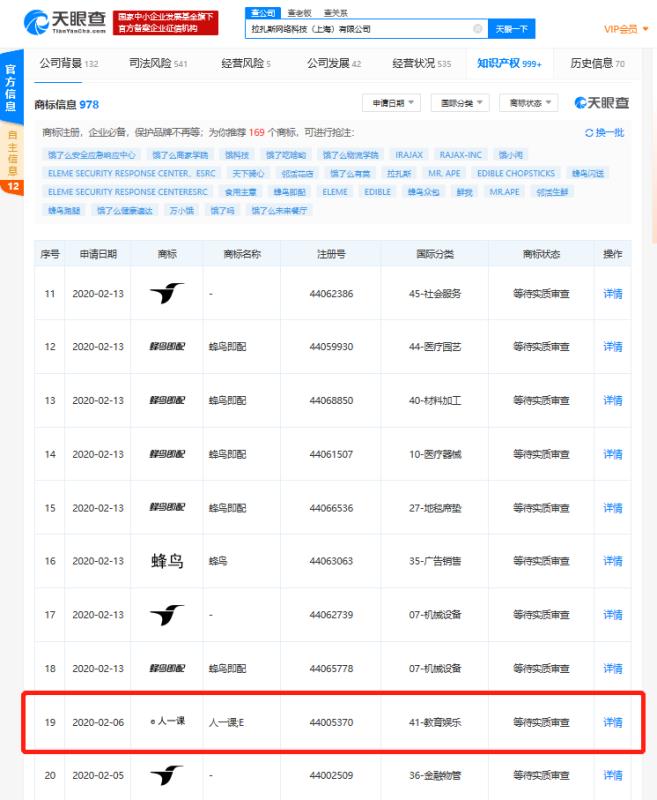 饿了么申请教育娱乐商标“e人一课”