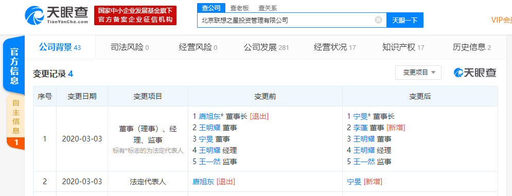 联想之星发生工商变更，新增宁旻为法定代表人、董事长