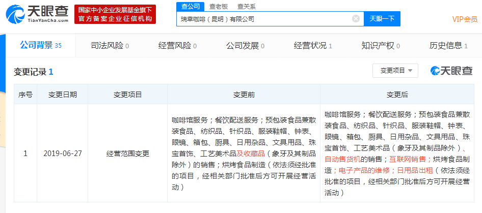 瑞幸咖啡（昆明）有限公司经营范围新增“电子产品的维修”等
