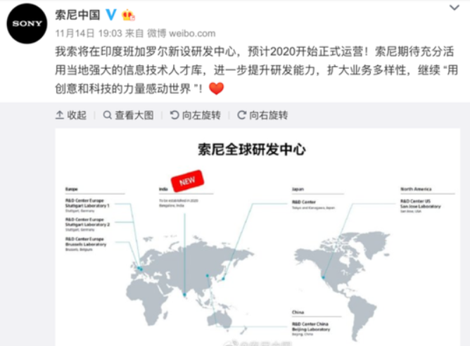 索尼印度班加罗尔研发中心成立，2020年开始正式运营