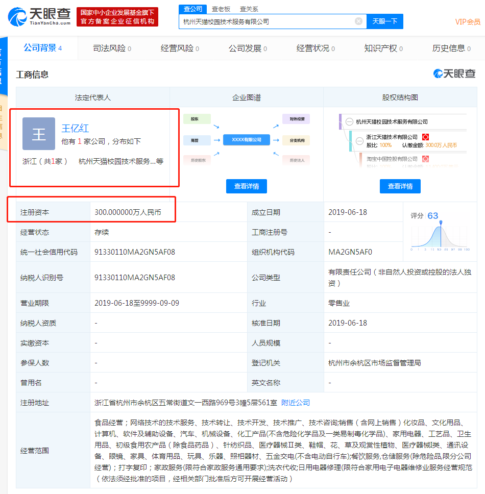天猫新成立校园技术服务公司，注册资本300万元