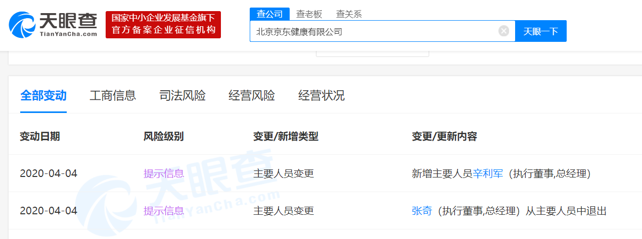 京东健康运营主体发生工商变更，张奇退出法定代表人