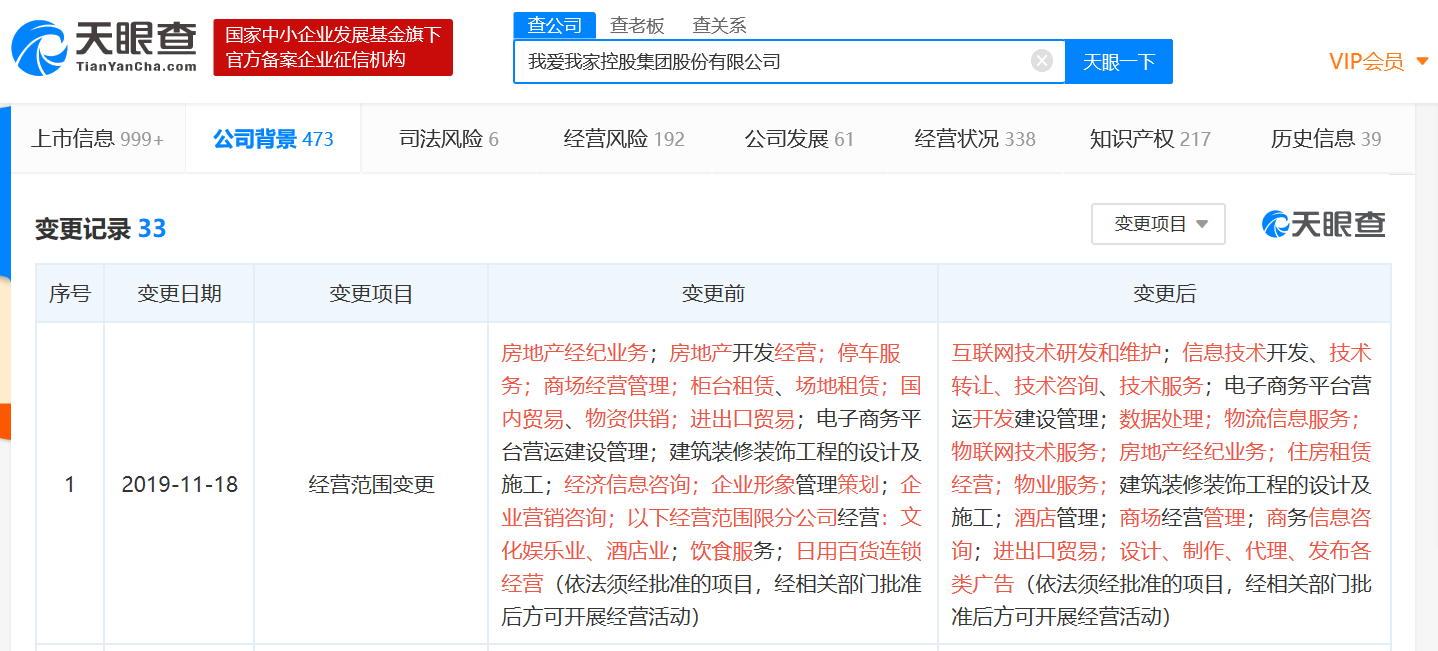 我爱我家运营主体发生经营范围变更，新增物联网技术服务等