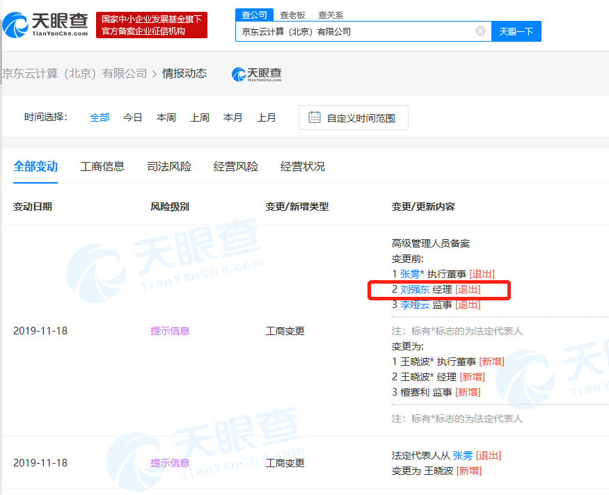 刘强东卸任京东云计算（北京）有限公司经理