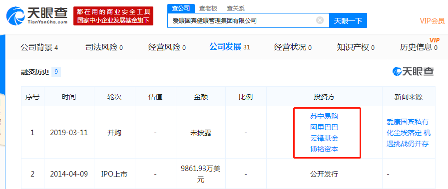 阿里、苏宁等完成并购爱康国宾