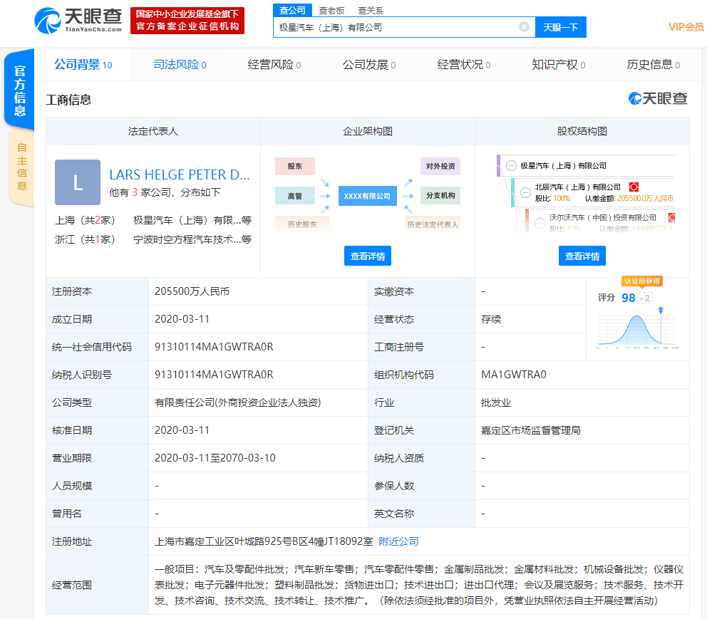 吉利和沃尔沃合资电动汽车品牌“极星”成立新公司，注册资本20.55亿元