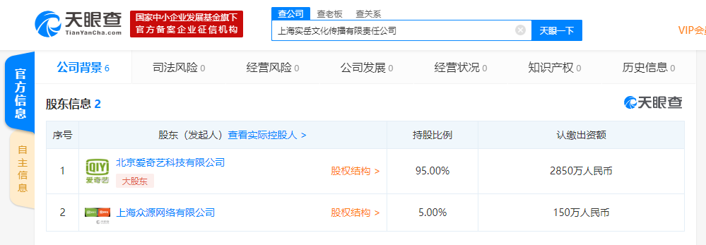 爱奇艺新成立上海实岳文化传播有限责任公司