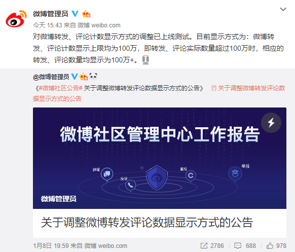 微博：转发评论计数新功能上线测试，超百万均显示为100万+
