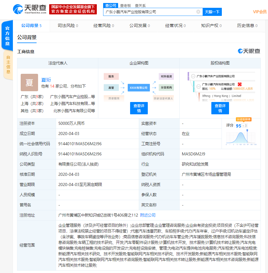 小鹏汽车成立产业控股公司，注册资本5亿元