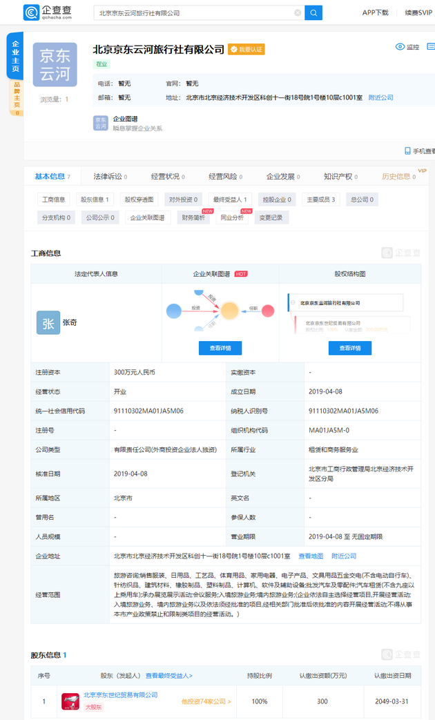 京东成立旅游公司，注册资本300万元